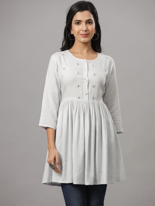 grey round neck embroidered regular tunic - 19491890 - Very Small Image - 1