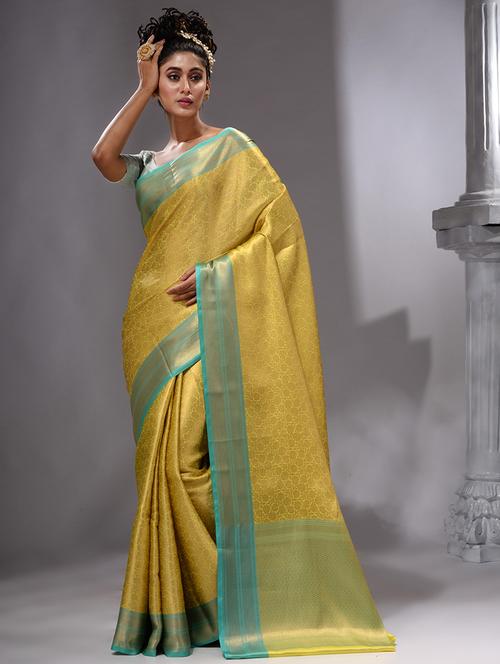 yellow self design banarasi saree with blouse - 19492058 - Very Small Image - 1