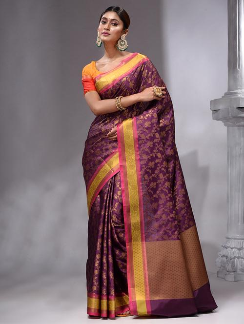 purple self design banarasi saree with blouse - 19492085 - Very Small Image - 1