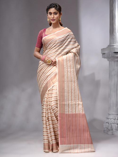 cream self design banarasi saree with blouse - 19492091 - Very Small Image - 1