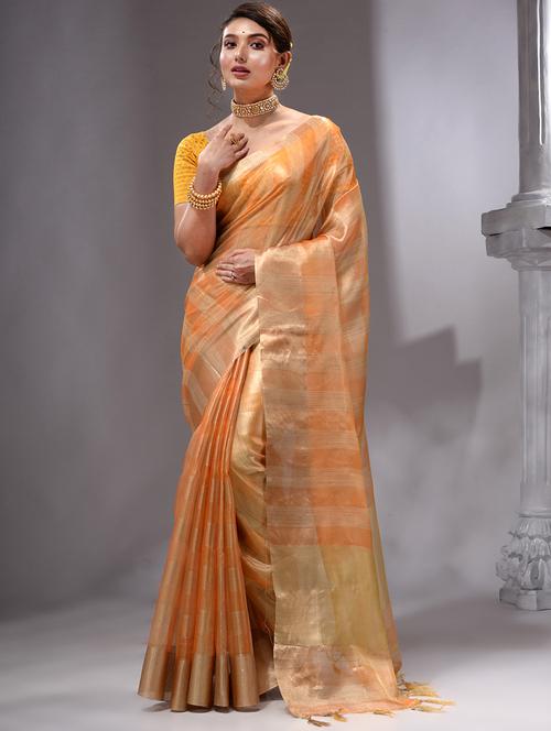 orange linen banarasi saree - 19492144 - Very Small Image - 1