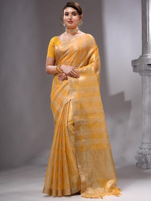 yellow linen banarasi saree with blouse - 19492145 - Very Small Image - 1