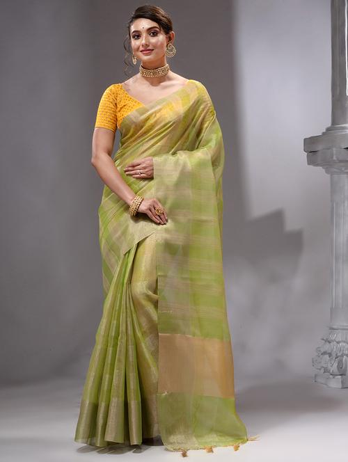 light green linen banarasi saree - 19492146 - Very Small Image - 1