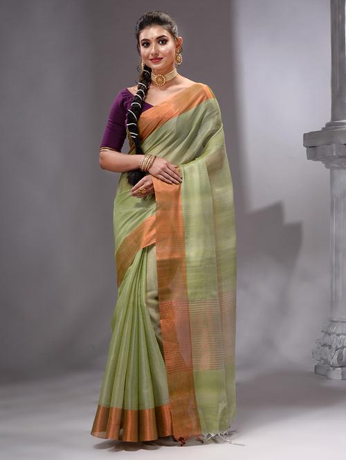 light green linen banarasi saree with blouse - 19492147 - Very Small Image - 1
