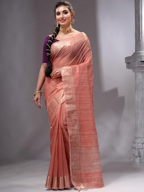 pink linen banarasi saree with blouse - 19492153 - Very Small Image - 1