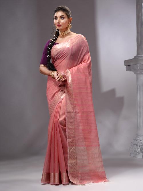 pink linen banarasi saree - 19492155 - Very Small Image - 1