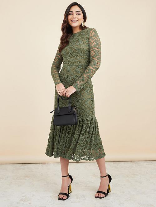 frill hem lace insert sheath midi dress - 19492692 - Very Small Image - 1