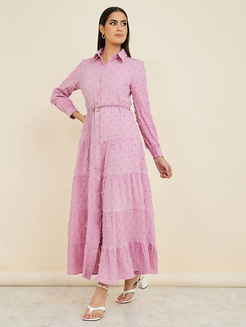 long sleeves dobby shirt maxi dress with self belt - 19492711 - Very Small Image - 1