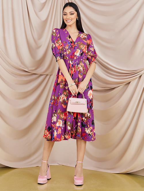 elbow sleeves floral print aline midi dress - 19492749 - Very Small Image - 1