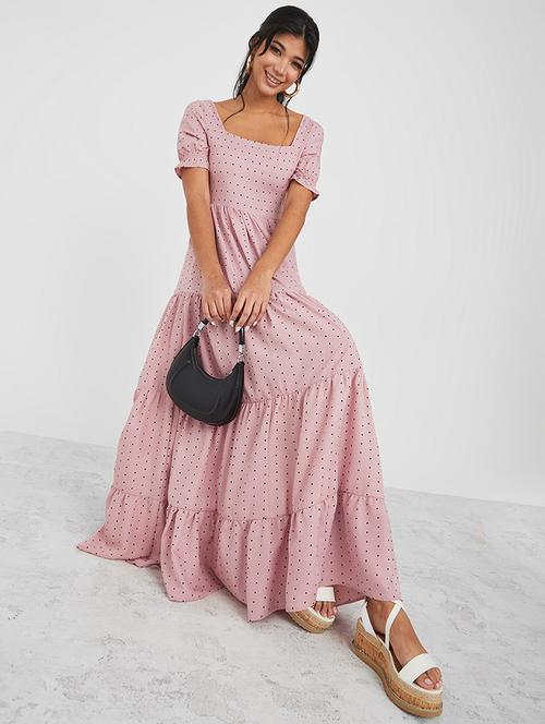 dot print fitted bodice maxi dress with flared hem - 19492772 - Very Small Image - 1
