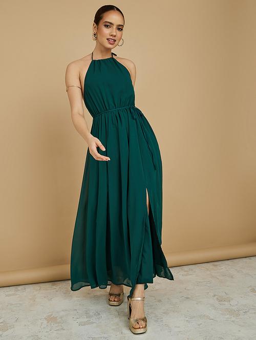 halter neck a-line maxi dress with front slit - 19492801 - Very Small Image - 1