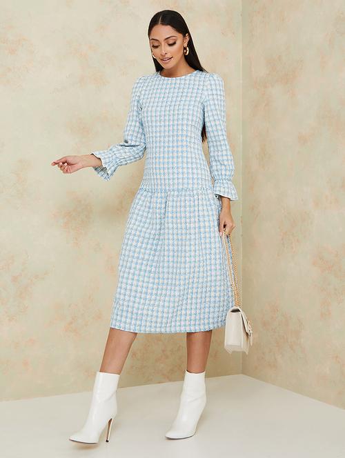 frill cuff sleeves tweed checked a-line midi dress - 19492811 - Very Small Image - 1
