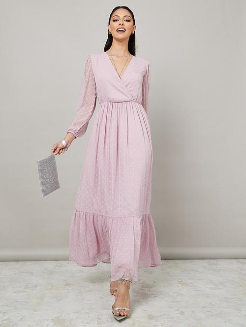 long sleeves dobby a-line maxi dress - 19492821 - Very Small Image - 1