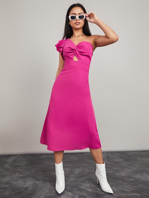 one sleeve sweetheart neck knot detail midi dress - 19492837 - Very Small Image - 1