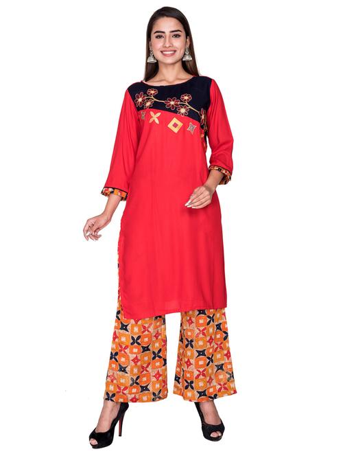 red self design kurta palazzo set - 19493360 - Very Small Image - 1