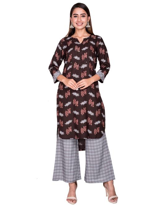 brown self design kurta palazzo set - 19493361 - Very Small Image - 1