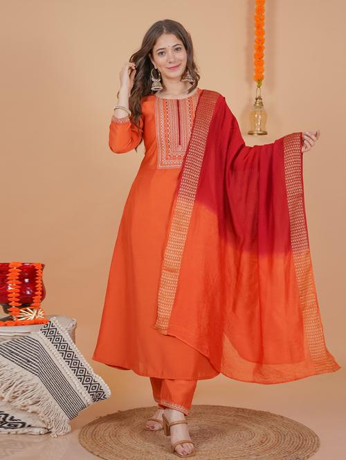 orange self design kurta, dupatta & bottom set - 19493376 - Very Small Image - 1