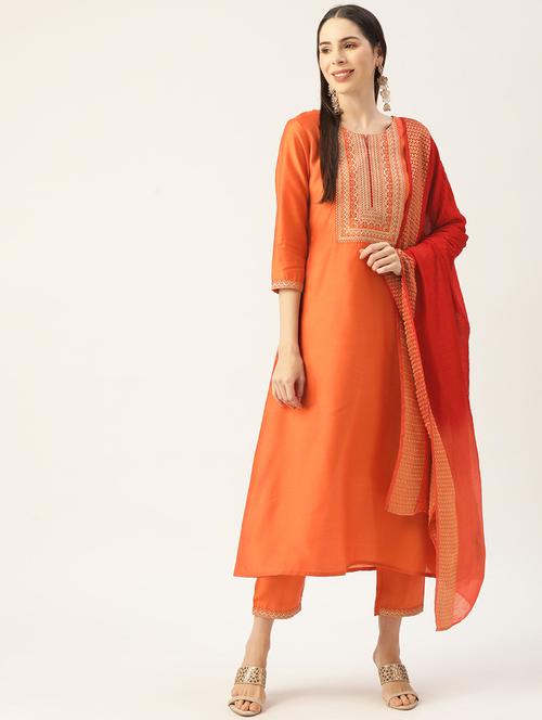 orange self design kurta, dupatta & bottom set - 19493377 - Very Small Image - 1