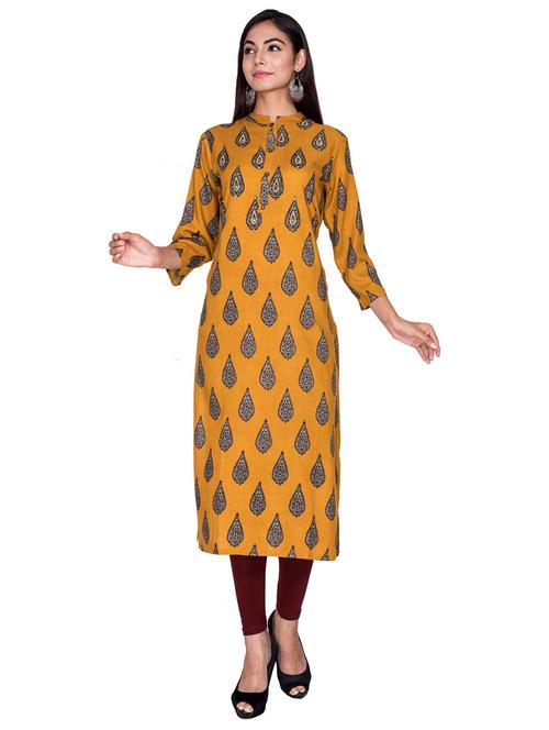 yellow printed rayon straight kurta - 19493489 - Very Small Image - 1