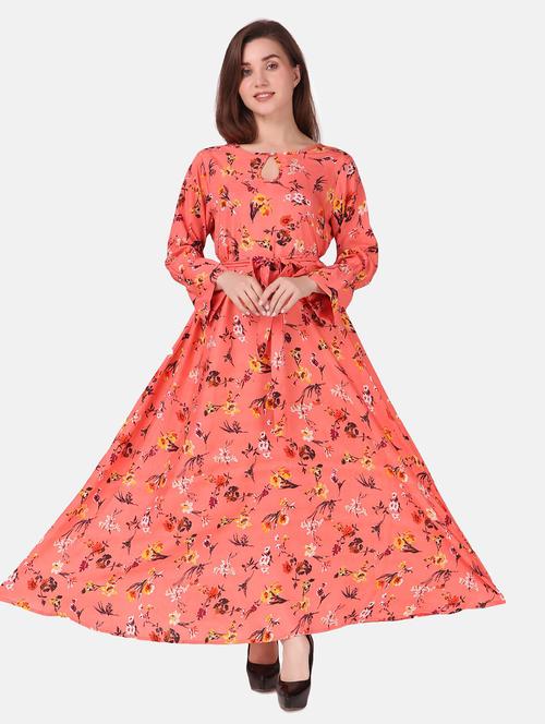 orange crepe fit & flare dress - 19494121 - Very Small Image - 1