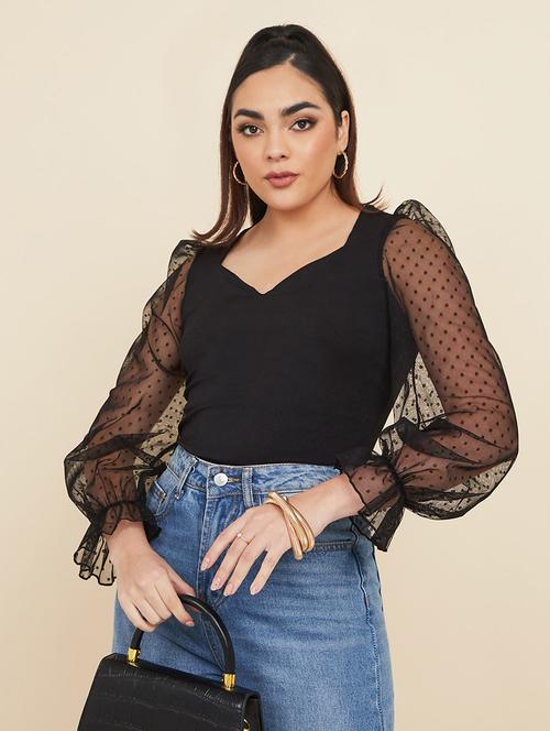 v neck long sleeve mesh with polka dots detail fitted blouse - 19494448 - Very Small Image - 1
