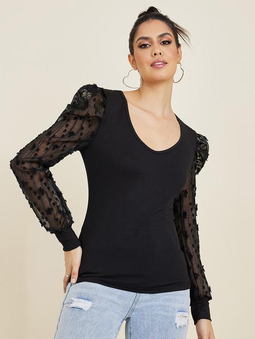 long puff sleeve v neck fitted knit top - 19494461 - Very Small Image - 1