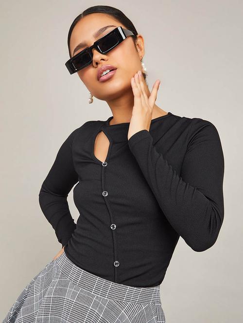 long sleeves button detail ribbed fitted knit top - 19494496 - Very Small Image - 1