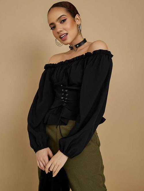 chiffon off shoulder corset detail peplum blouse - 19494557 - Very Small Image - 1