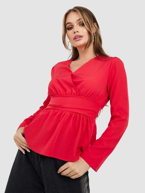 long sleeves v neck regular fit peplum top - 19494559 - Very Small Image - 1