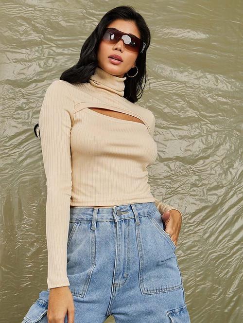 high neck ribbed fitted knit top with cut-out detail - 19494592 - Very Small Image - 1