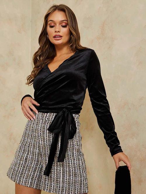 long sleeves solid knit fitted velvet wrap top - 19494595 - Very Small Image - 1