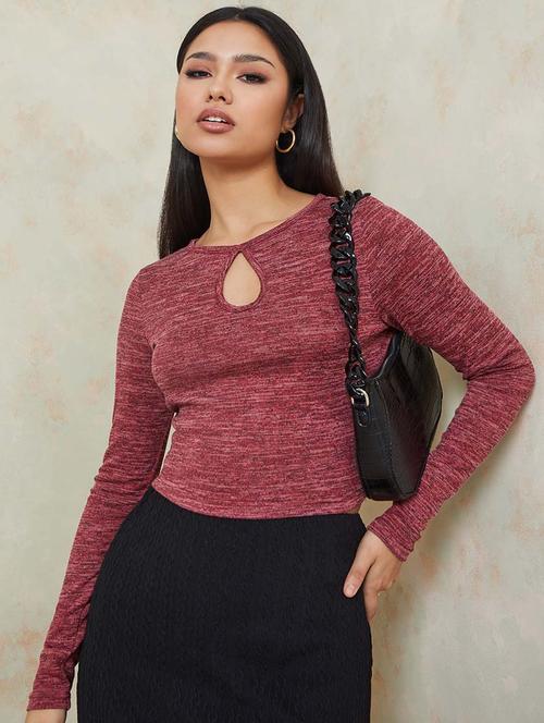 long sleeves keyhole neck knit fitted crop top - 19494599 - Very Small Image - 1