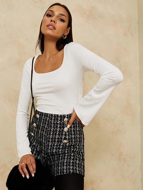 long sleeves square neck fitted knit top - 19494606 - Very Small Image - 1