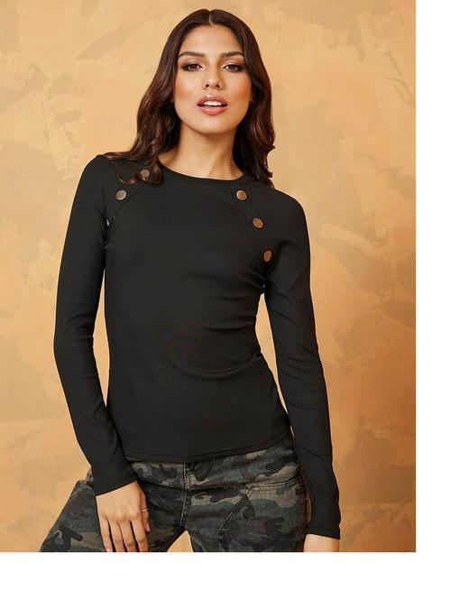 long sleeves round neck button detail fitted knit top - 19494614 - Very Small Image - 1