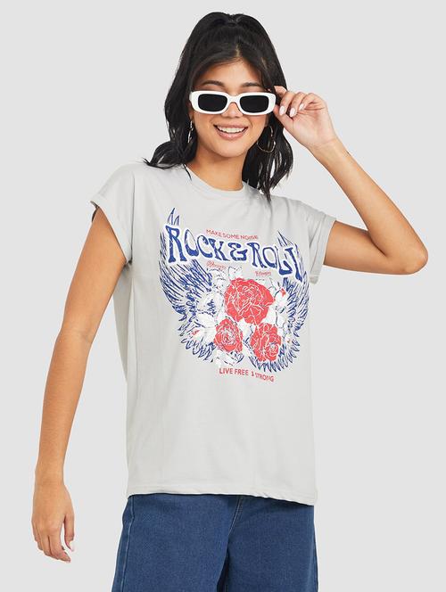roll up sleeves rock and roll graphic print oversized t-shirt - 19494722 - Very Small Image - 1