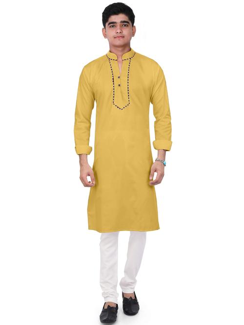 yellow solid kurta & pajama full length set - 19495341 - Very Small Image - 1
