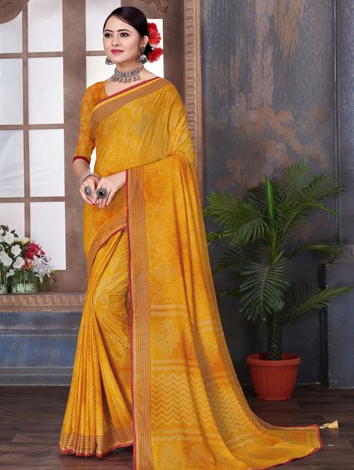 yellow georgette printed saree with blouse - 19495760 - Very Small Image - 1