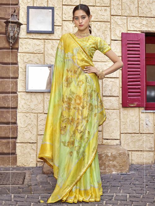 yellow chiffon printed saree with blouse - 19495867 - Very Small Image - 1