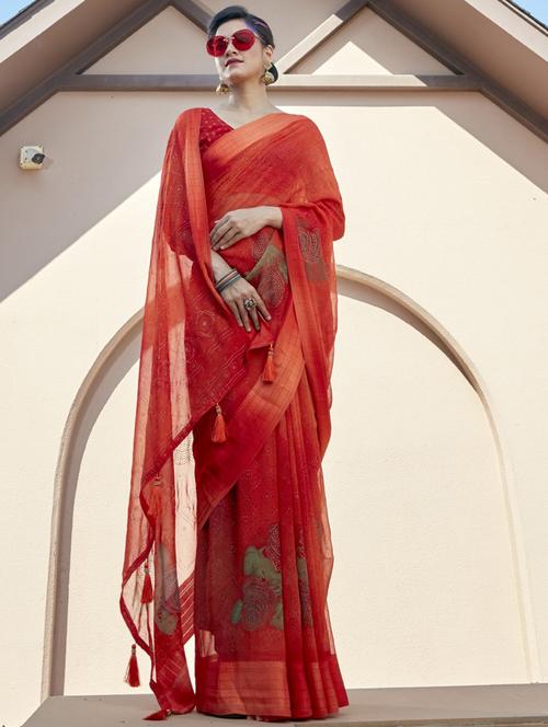 orange georgette printed saree with blouse - 19495892 - Very Small Image - 1