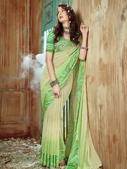 green cotton printed saree with blouse - 19495914 - Very Small Image - 1
