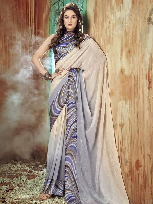 contrast bordered printed saree with blouse - 19495915 - Very Small Image - 1