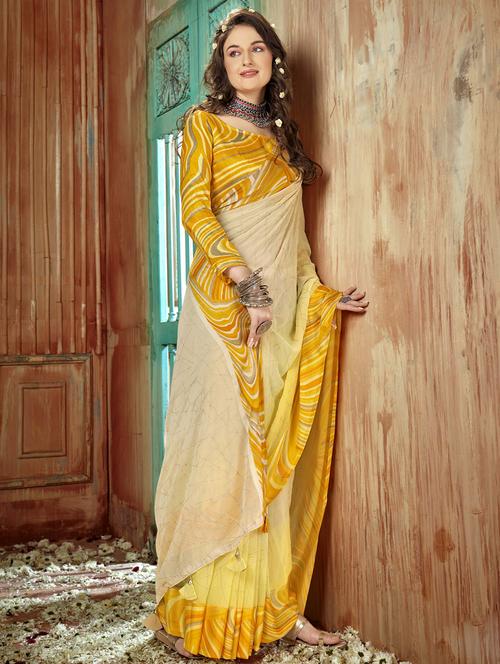 yellow cotton printed saree with blouse - 19495916 - Very Small Image - 1