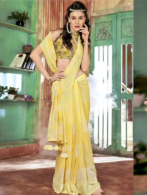 yellow georgette printed saree - 19495931 - Very Small Image - 1