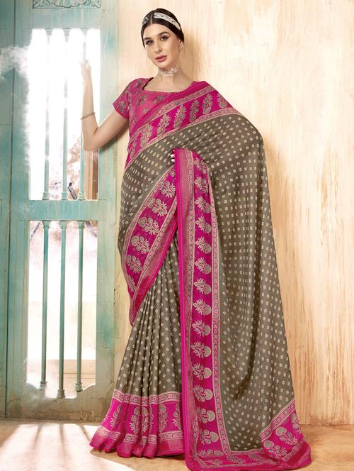 contrast bordered printed saree with blouse - 19495932 - Very Small Image - 1