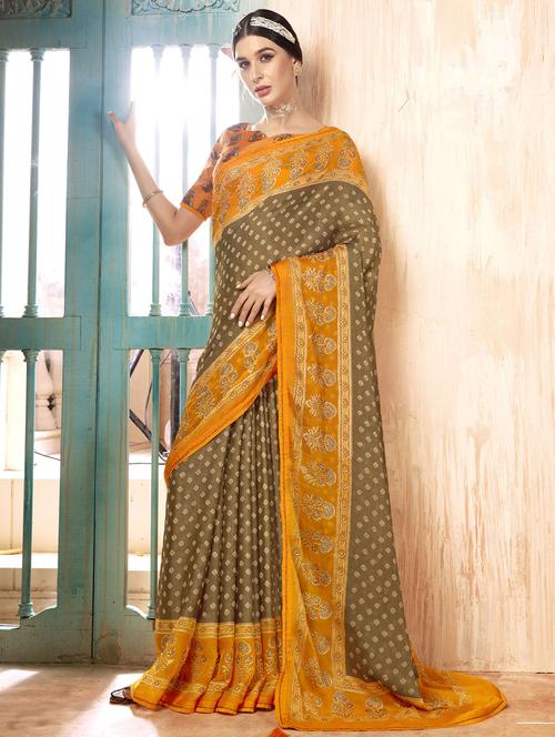 contrast bordered printed saree with blouse - 19495934 - Very Small Image - 1