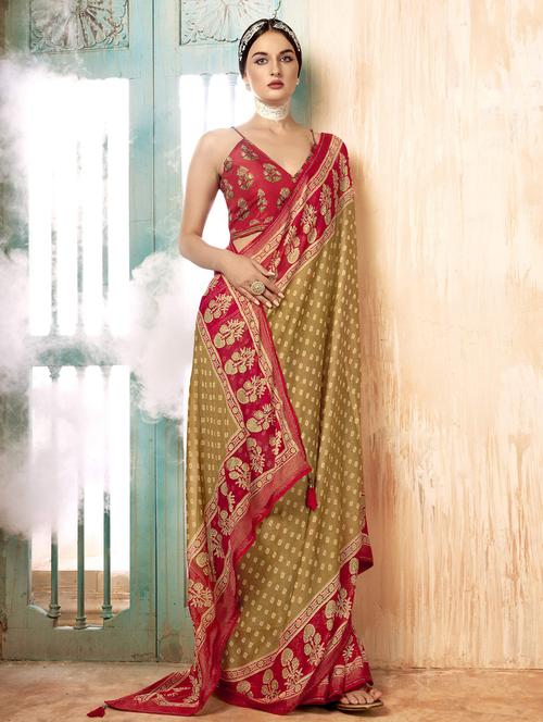contrast bordered printed saree with blouse - 19495938 - Very Small Image - 1