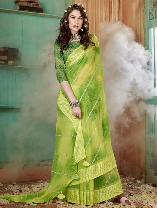 green georgette printed saree with blouse - 19495944 - Very Small Image - 1