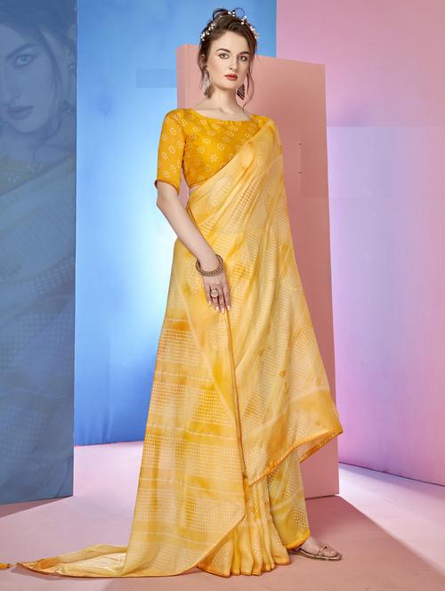 yellow chiffon printed saree with blouse - 19495948 - Very Small Image - 1