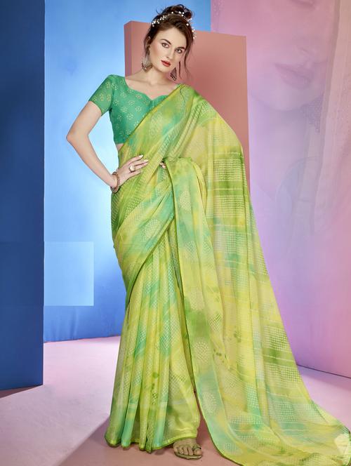 green chiffon printed saree - 19495949 - Very Small Image - 1