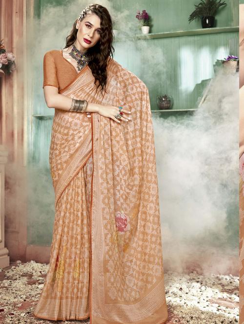 orange chiffon printed saree with blouse - 19495961 - Very Small Image - 1